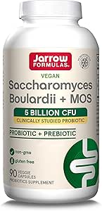 Jarrow Formulas, Saccharomyces boulardii plus MOS, 250mg, Alta Dosis, 90 Cápsulas veganas, Probadas en Laboratorio, Sin Gluten, Vegetarianas, Sin Soja, No GMO