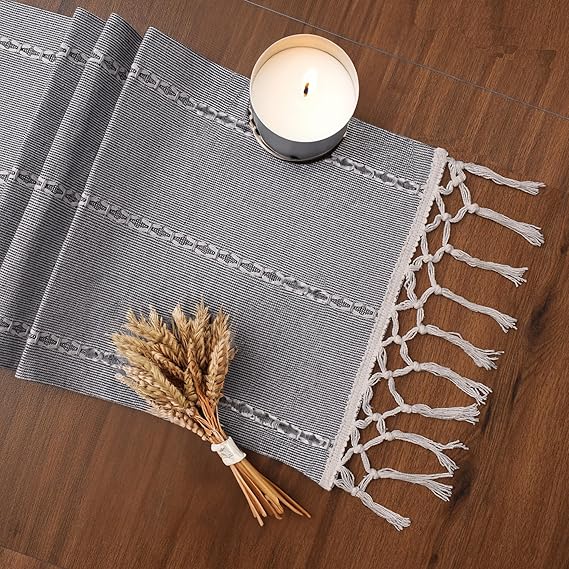 Boho Farmhouse Table Runner 72 Inch Long for Dining Table, Wedding, Dresser Decor - Natural Cotton Tassle Rustic Table Decoration - Ivory / Gray