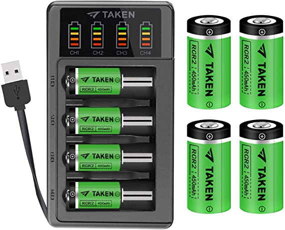 CR2 Rechargeable Batteries with Charger, Taken 3.7V 450mAh CR2 Battery, 8 Pack RCR2 Rechargeable Battery with 4-Ports Charger