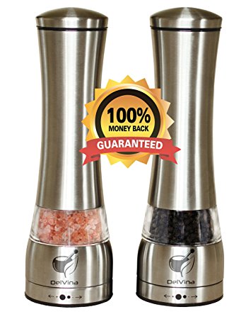 XX-Large Salt and Pepper Grinder Set Adjustable by Delvina - Stainless Steel Best Pepper Mill and Salt Mill (Set of 2 Salt and Pepper Shakers) - Silver body color, easy to use and capacious