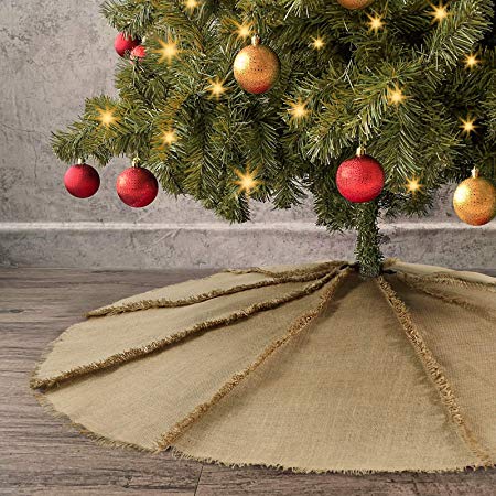 Ivenf Fringed Burlap Christmas Tree Skirt, 48 inches Reverse Seam Tree Dress with Tassel for Xmas Party Decorations Home Decor, Back Seam