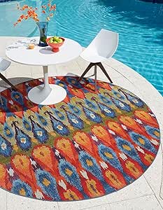 Unique Loom Outdoor Modern Collection Area Rug - Ikat (5' 1" Round, Multi/ Burgundy)