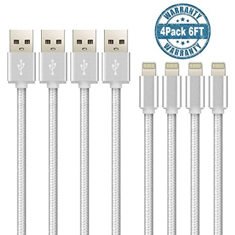 ESK (TM) 6 Feet / 2 Meters Nylon Braided 8 Pin Lightning to USB Cable (4 Pack)