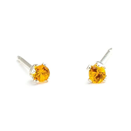 3mm Tiny Yellow Orange Topaz Gemstone Post Stud Earrings in Sterling Silver - November Birthstone