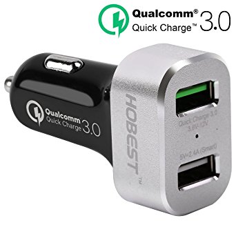 Quick Charge 3.0 Car Charger, HOBEST 30W Dual Port USB Cell Phone Charger Power Adapter with Smart IC for iPhone, iPad, Galaxy S7/S6/S6 Edge, HTC and More (black silver)
