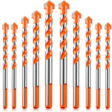 10 Pieces Triangle Drill Bit Set Triangular Handle Multifunctional Drill Bits Punching Drill Bits Set with Carbide Tip for Tile Concrete Glass Wood, 6/6/8/10/12 mm (Orange)