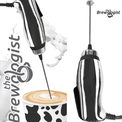 Turbo Milk Frother and Frappe Maker with SUPER POWERFUL motor for Coffee Drinks Protein Shakes Matcha Tea Cappuccino Frappucino and More by The Brewologist (Chrome, Handheld electric)