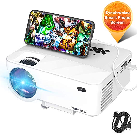 Mini Projector, TOPVISION Video Projector with Synchronize Smart Phone Screen, 1080P Supported, 176" Display, 50,000 Hours Led, Compatible with Smartphone, HDMI, VGA, USB, TV, Box, Laptop, DVD