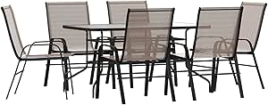 Flash Furniture Brazos Series 7-Piece Glass Patio Table and Chairs Set, Outdoor Patio Dining Set with Rectangular Table, 6 Sling Patio Chairs, Brown