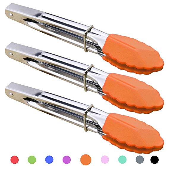 HINMAY Appetizer Tongs 7-Inch Silicone Tipped Kitchen Tongs, Set of 3 (Orange)