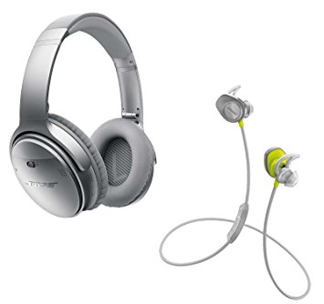 Bose QuietComfort 35 (Series I) Noise Cancelling Over-ear (Silver) & SoundSport In-ear (Citron) Wireless Bluetooth Headphone Bundle