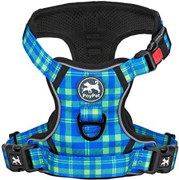 PoyPet No Pull Dog Harness, [Release at Neck] Reflective Adjustable No Choke Pet Vest with Front & Back 2 Leash Attachments, Soft Control Training Handle for Small Medium Large Dogs