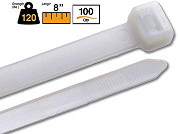 BuyCableTies 8" Light to Heavy Duty Indoor Cable Ties - 120 lb Rated - Made in USA - Natural/Clear - 100 per bag
