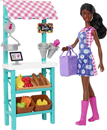 Barbie Farmers Market Playset, Barbie Doll (Brunette), Stand, Register, Vegetables, Bread, Cheese & Flowers, Great Gift for Ages 3 Years Old & Up