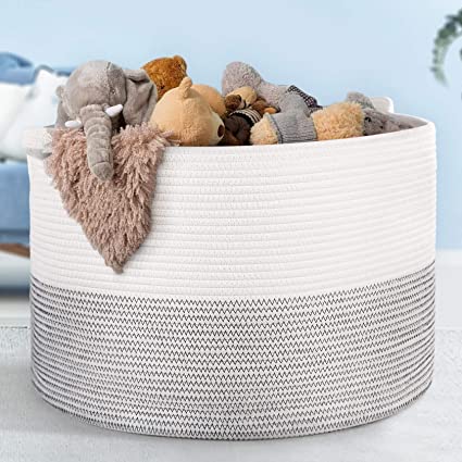 JOMARTO Cotton Storage Baskets,Extra Large of Laundry Baskets 21.7” x 21.7” x 13.8” 100% Woven Cotton Rope and Sturdy Heavy Handle, Storage Bins Store for Blankets Toys, Throws, Pillows, and Towels