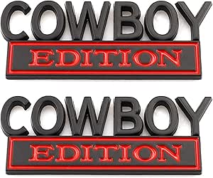 2 Pcs Cowboy Edition Car Side Rear Front Trunk Door Fender Bumper Metal Badge 3D Decal Fit for F-150 F250 F350 Silverdo 1500 2500 Sierra GMC Chevy C10 C15 Car Truck SUV (Black Red)(CR-2CB)