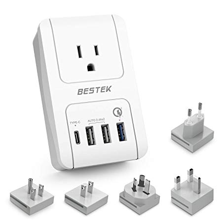 BESTEK International Travel Adapter, 3000W Universal Power Adapter Support Hair Dryer, Curling Iron USB Travel Wall Charger with Worldwide Wall Plugs for US, UK, AU, EU and Asia, QC3.0
