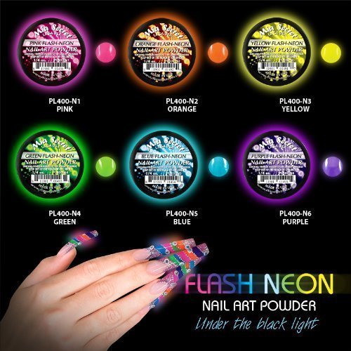 6 Mia Secret Flash Neon Acrylic Nail Art Powder Glows Under the Black Light 6 Neon Colors