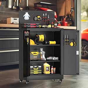 yoyomax Metal Rolling Garage Storage Cabinet with 4 Lockable Wheels 43" Mobile Tools Cart with 2 Doors, 2 Adjustable Shelves, Pegboard and Hooks Organization-15.75" D x 31.5" W (Dark Gray)