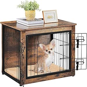 Yaheetech 27.5" Dog Crate Furniture End Table with Cushion & Double Doors for Puppies Chihuahuas, Yorkshires, Pomeranians, Small Dog Cage 69 x 51 x 61 cm, Rustic Brown