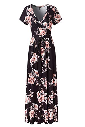 Kranda Womens Summer Vintage Floral Print Short Sleeve Maxi Long Dress