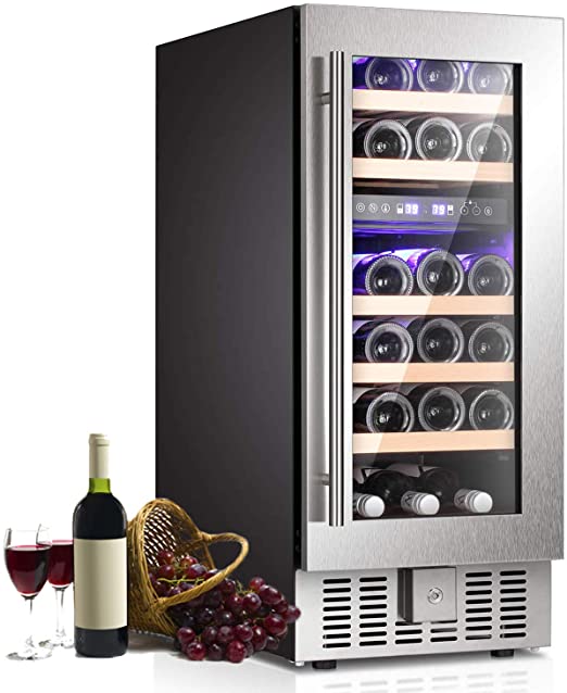 AGLUCKY 15" Wine Cooler/Chiller Built-in or Freestanding Beverage Refrigerator Single Bottle Area with Stainless Steel Double-layer Tempered Glass Door (28 Bottles)