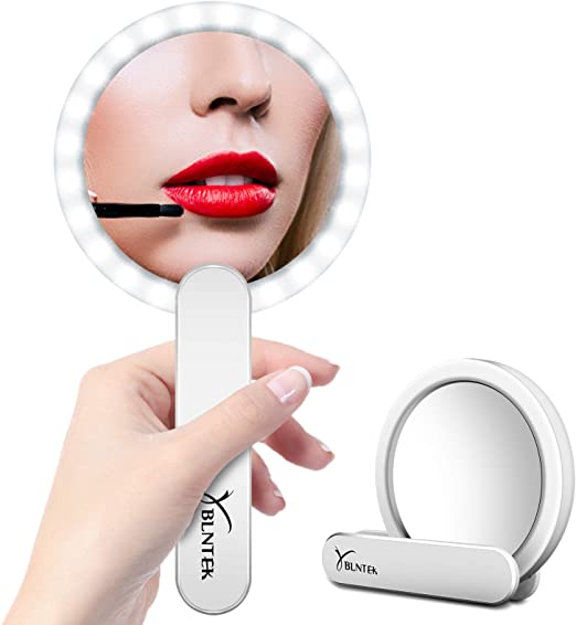 Compact Mirror Yblntek Lighted Travel Mirror with Led Lights and 5X Magnification, 4.5 inch Handheld Mirror, Illuminated Mirror for Women, Handbag, Pocket, White