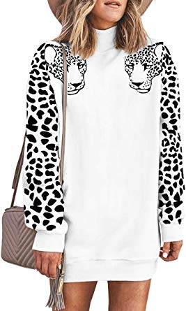 Angashion Women's Sweatshirts - Casual Leopard Print Turtleneck Long Sleeve Loose Pullover Tunic Sweatshirt Dress