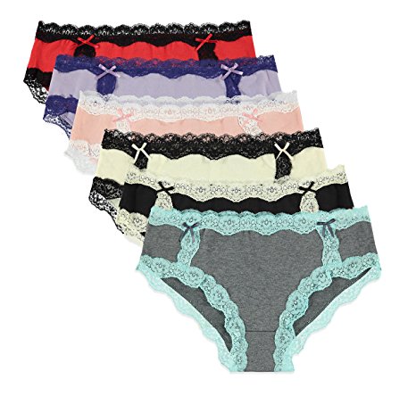 6 Pack: Free to Live Women's All Over Lace Trim Hipster Cotton Panties