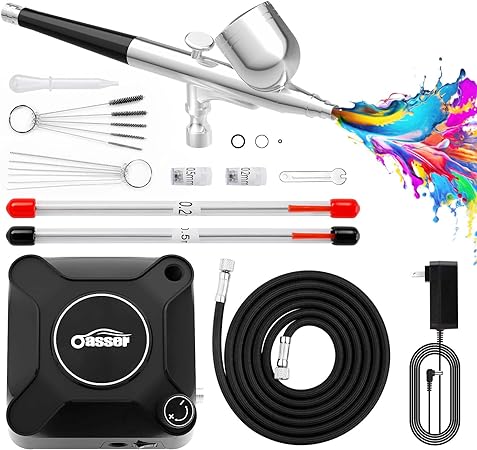 Oasser Airbrush Compressor Kit, Dual Action Airbrush Suit 36PSI, 0.2 0.3 0.5 mm Nozzle for Model, Tattoo, Makeup, Cake AK2