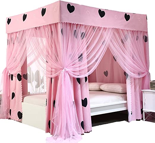 Obokidly 2-in-1 Cute Bed Curtain with Princess 4 Corners Post Canopy Mosquito Net Windproof Bed Canopy for Twin/Full/Queen/California King/King Size Bed (Queen, Pink-Heart)