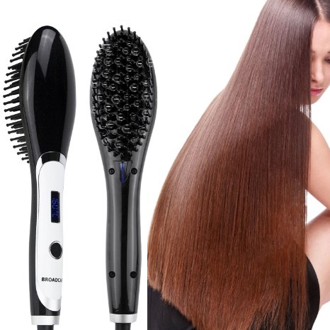 BROADCARE Hair Straightener Brush Wet and Dry Anion Detangling Frizz-free Electric Straightening Comb with Hair Massaging Function (Black)