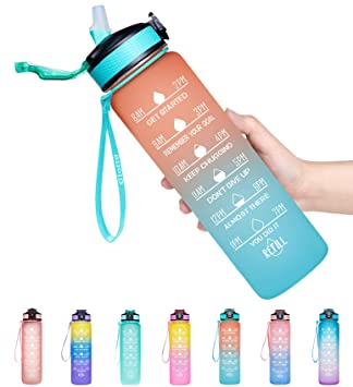 Giotto 32oz Large Leakproof BPA Free Drinking Water Bottle with Time Marker & Straw to Ensure You Drink Enough Water Throughout The Day for Fitness and Outdoor Enthusiasts-Ombre Orange Green