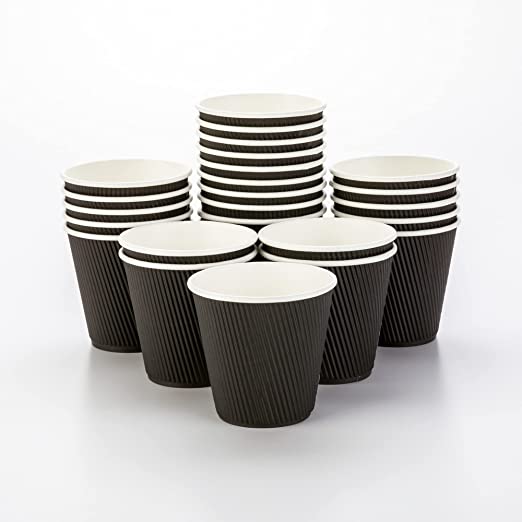 8 Ounce Paper Coffee Cups, 25 Ripple Disposable Paper Cups - Leakproof, Recyclable, Black Paper Hot Cups, Insulated, Matching Lids Sold Separately - Restaurantware