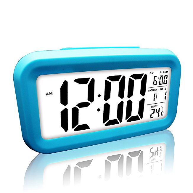 Digital Alarm Clock, eBoTrade LCD Morning Clock with Calendar Thermometer Large Display Smart Nightlight Soft Light Snooze Sleep Backligh (Blue)