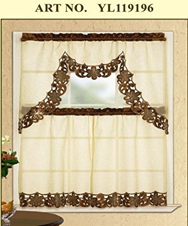 3 Piece Taupe with Brown Embroidered Sparkle Lace Kitchen/cafe Curtain Tier and Swag Set