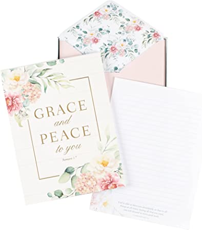 Christian Art Gifts Writing Paper & Envelope Stationery Set for Women: Grace and Peace - Romans 1:7 Inspiring Scripture w/40 Pages & 20 Matching Envelopes, White, Blue, Powdered Pink Multicolor Floral