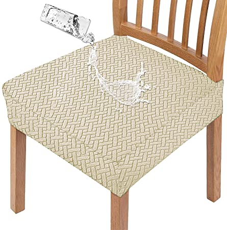 LANSHENG Stretch Diagonal Jacquard Waterproof Chair Seat Covers for Dining Room Chairs Covers Dining Chair Covers Kitchen Chair Covers with Buckle (Beige,2)