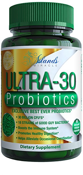 ULTRA-30 Probiotics 30 Billion CFU & 18 Strains Supplement - The Best Most Complete Probiotic Ever   Prebiotics Digestive Health Supplements lactobacillus acidophilus Fiber & Enzymes For Women & Men