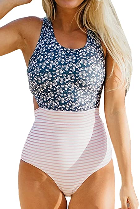 Belypoe Womens Printed Racerback Zip Up Tummy Control Cutout One Piece Swimsuit