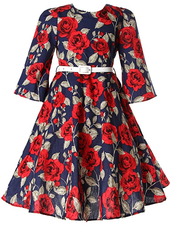 Bonny Billy Girls Classy Vintage Floral Swing Kids Party Dress with Belt