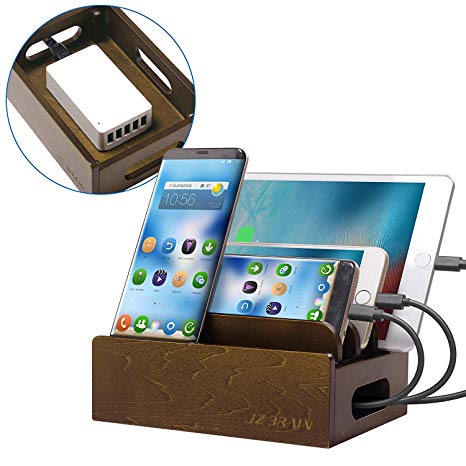 JZBRAIN Wood Charging Station for Multiple Devices Docking Station Organizer with 5-Port USB Power Charger (Short Cables Not Included)