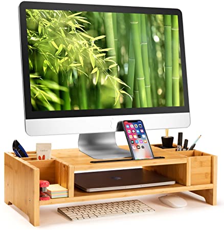 HUANUO Monitor Stand - 2 Tier Bamboo Monitor Riser with Adjustable Storage Organizer for Laptop, Cellphone & Keyboard, Versatile as Printer Stand, Desktop Stand