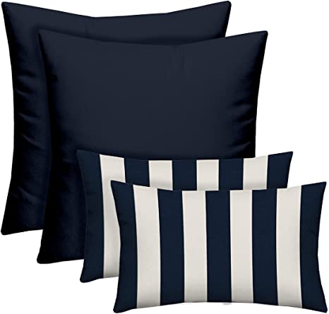 RSH Décor Indoor Outdoor Mixed Set of 4 Pillows - 2 Solid Square & 2 Stripe Rectangular Lumbars - Weather Resistant - Choose Pillow Size & Color (Navy Blue, 2-20"x20" & 2-20"x12")