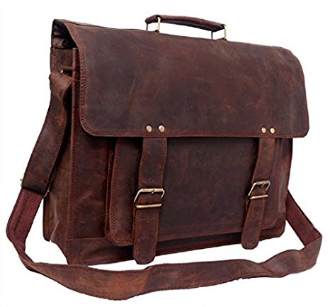 FeatherTouch Men's Rustic Leather Briefcase Travel Office Bag Macbook Medium Brown