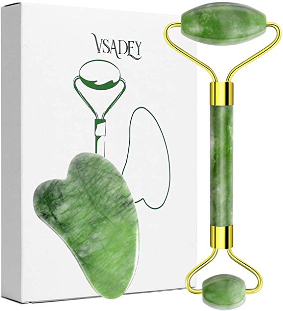 Jade Roller for Face Anti-Aging Facial Roller Massager Natural Massage Stones with Gua Sha Scraping Tool, Eye Puffiness, Skin Tightening, Remove Wrinkles