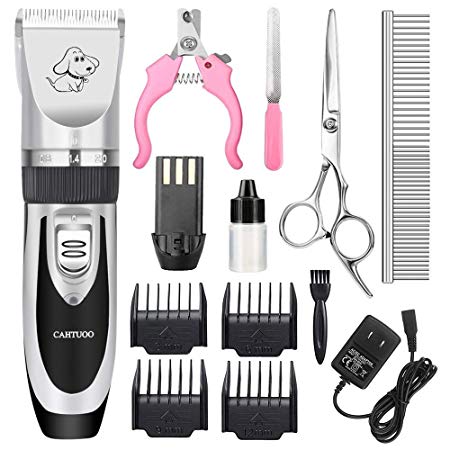 CAHTUOO Dog Grooming Clippers, Professional Pet Grooming Kit Rechargeable Pet Shaver Cordless Silent Dog Hair Trimmer with 4 Comb Attachments & 4 Extra Tools for Dogs Cats and Pets