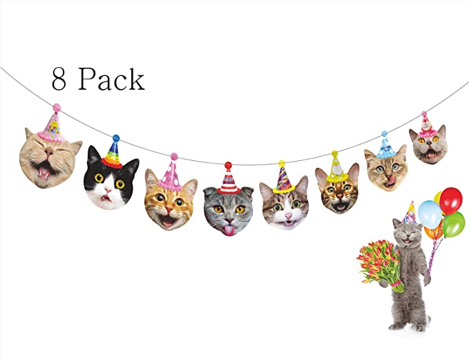Gyzone Birthday Cat Garland 8 Packs, Funny Photographic Cat Faces Birthday Banner, Kitties Bday Party Bunting Decorations (8 Pack)