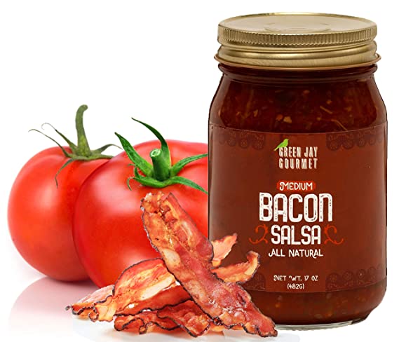 Green Jay Gourmet Bacon Salsa - Medium Heat Salsa with Natural Bacon & Jalapeno Peppers - Gourmet Salsa Dip with No Preservatives - Gluten-Free, MSG-Free, Small Batch Natural Salsa Sauce - 17 Ounces
