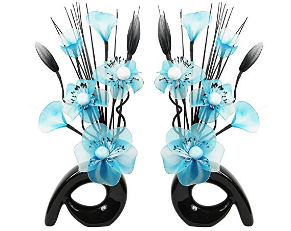 Flourish 794538 QH1 Matching Pair of Black Vases with Teal Blue Nylon Artificial Flowers in Vases Fake Flowers Ornaments Small Gift Home Accessories 32cm